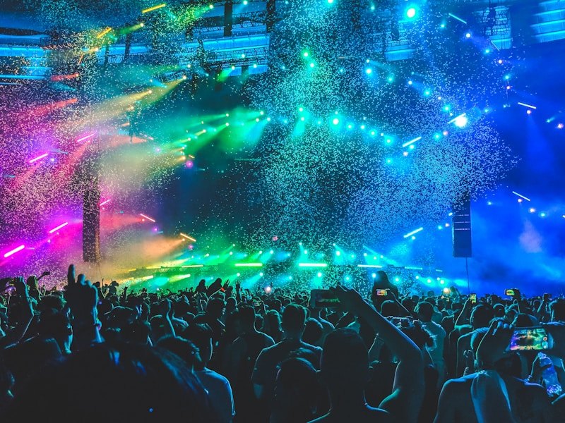 Crowd and lighting rig at a techno event